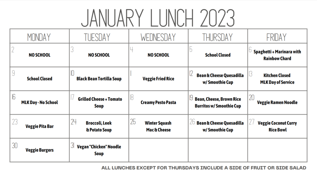 January 2023 lunch menu
